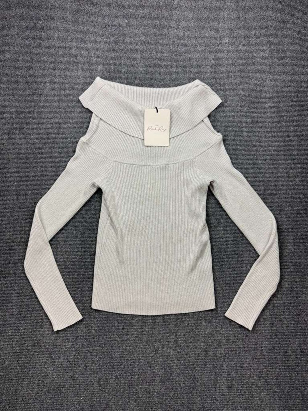 New Pink Rose Y2K Off Shoulder Ribbed Knit Top Silver Fold Over Collar Women's S